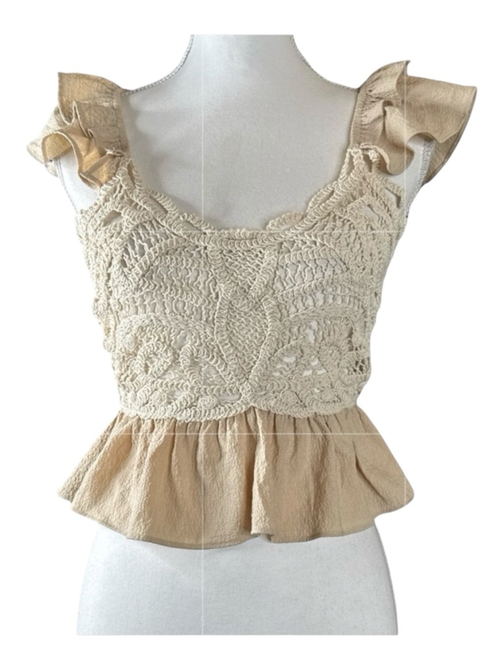 MILK & HONEY Beige/Light Tan Crochet Ruffle Crop Top, Size S.